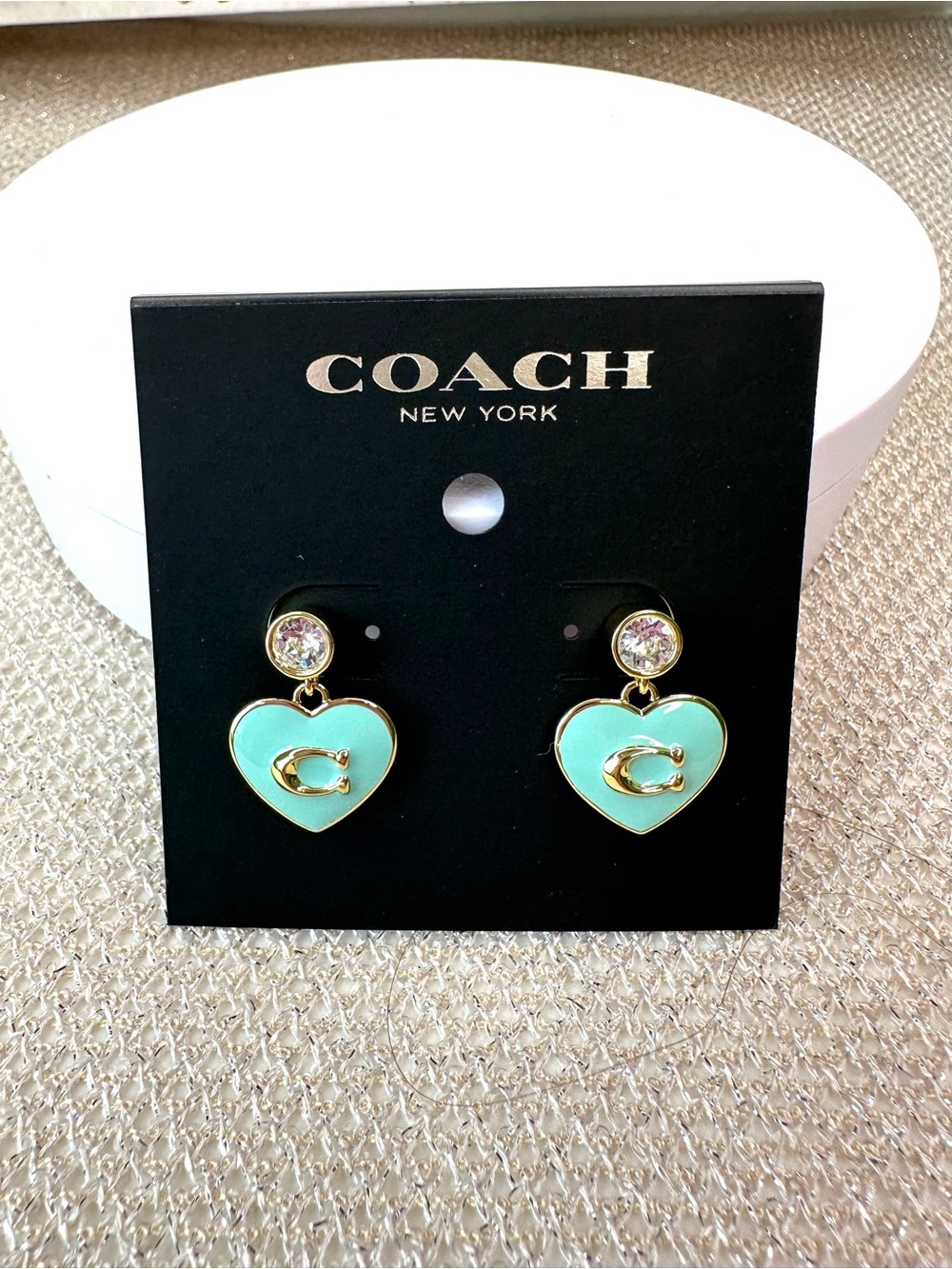 COACH Gold-Tone Mint Heart Drop Earrings with Crystal Studs